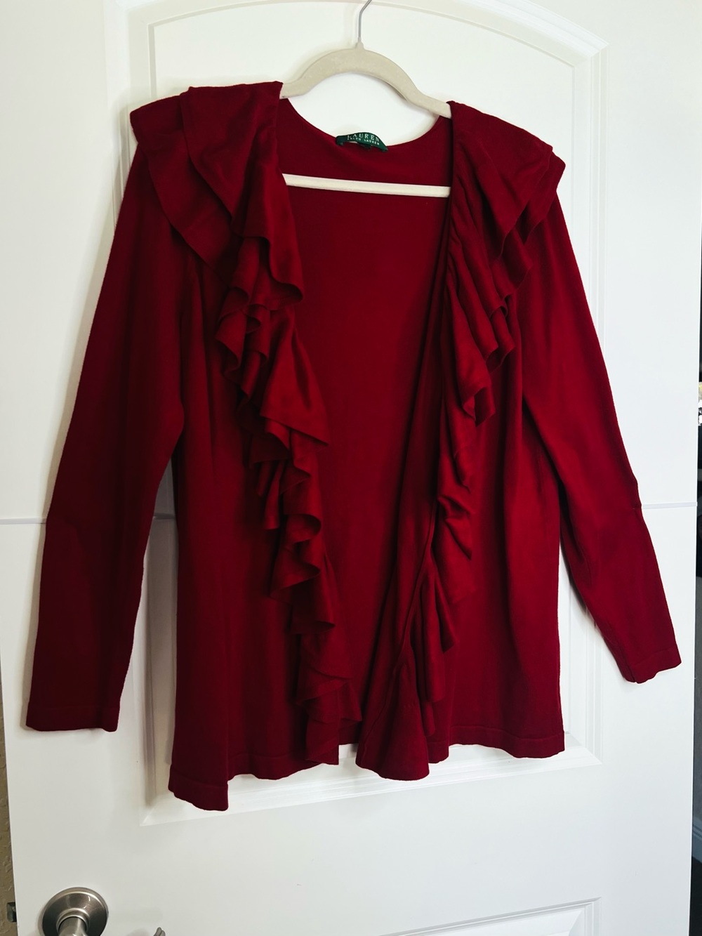 Lauren Ralph Lauren Red Ruffle Open Front Cardigan Long Sleeve Women